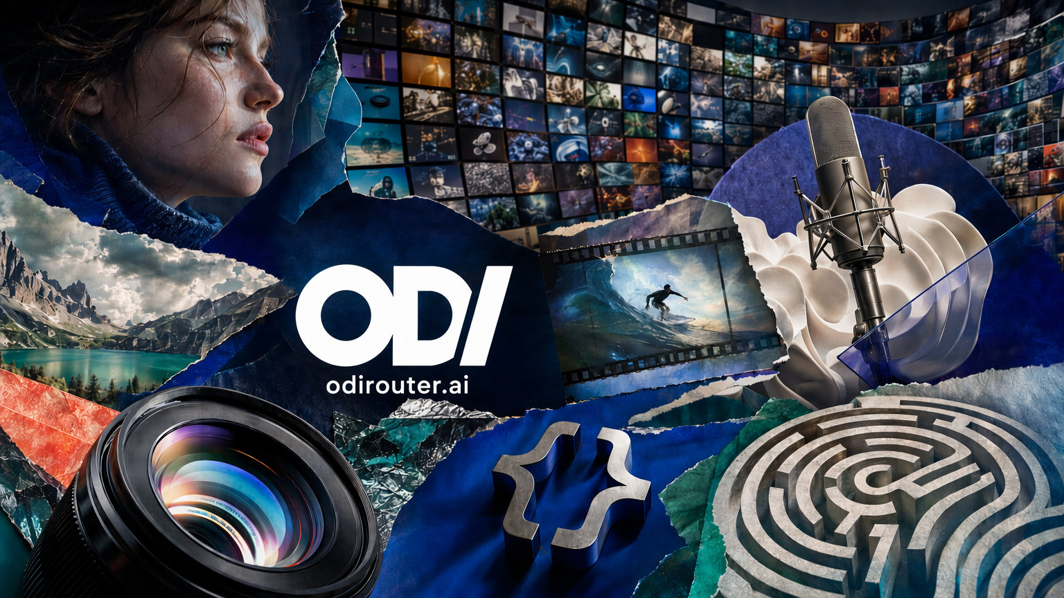 Инновационный постер OdiRouter: белый логотип ODI и адрес odirouter.ai на фоне динамичного мультимодального коллажа с портретами, изображениями, видео, аудио, кодом и множеством ИИ-моделей.